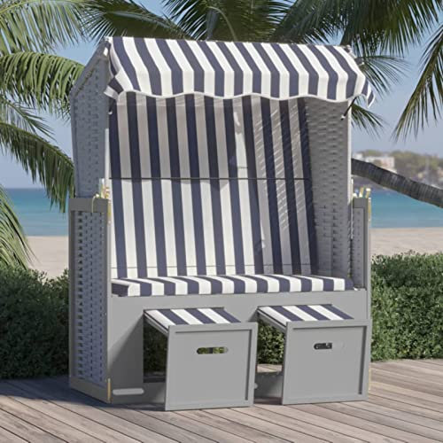 ShCuShan Strandkorb mit Dach Poly Rattan und Massivholz Blau & Weiß StrandköRbe Hommdiy