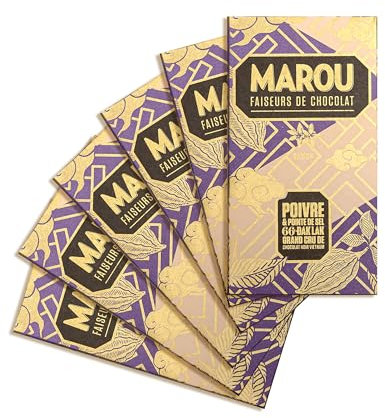 MAROU - Tablette Chocolat Noir 66% Poivre & Sel - Grand Cru Dak Lak - 80 g - Sans Lécithine, Sans Gluten - Origine Vietnam (Lot de 6)