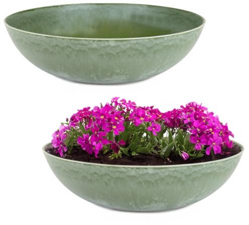 Matches21 - Macetas para exteriores (2 cuencos decorativos grandes de estilo vintage marmolado en verde como maceta, 30 cm, para jardín, para pájaros, balcón, cementerio, tumba)