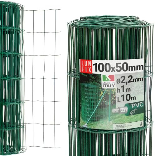Maschendrahtzaun - verzinkter Stahl Grün PVC-beschichtet, 100 x 50 mm, Ø 2.2 mm, 100 cm x 10 m, Gartenzaun Hundezaun Wildzaun Hühnerzaun Drahtgitter Zaun Schweißgitter, Lun Fix