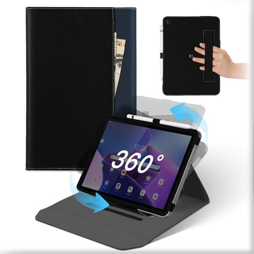 Funda para Lenovo Tab M10 Plus 3rd Generación 10,1 Pulgadas 2022 Tablet, Carcasa Cuero 360°Soporte Giratorio y Desmontable con Portalápices & Bolsillo, Flip Auto Sueño/Estela Case Tapa Negro Azul