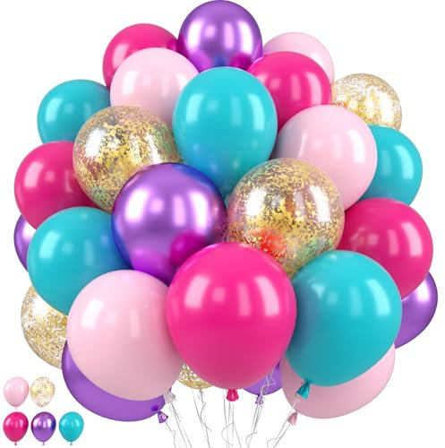 Pink Blue Purple Balloons, Pink and Purple Balloons, Teal Blue Hot Pink Metallic Purple Balloon Gold Confetti Balloon for Gilrs Birthday Baby Shower Party Wedding Bridal Shower Decorations