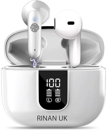 RINAN UK Wireless Earbuds, Bluetooth 5.4 Headphones In Ear with 6 ANC + ENC Noise Cancelling Mic, Deep Bass Stereo Sound,Gaming Mode, 42H Playtime LED Display Wireless Earphones IPX7 Waterproof