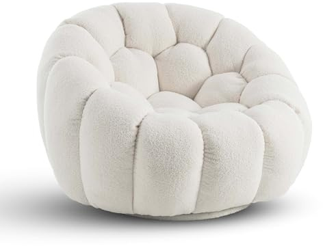 Lovesofas White Boucle Swivel Chair – Modern Fluffy Bubble Sofa, Single Round Rotating Cloud Teddy Sofa, Comfy Snuggle Chair for Living Room, Bedroom Living Room Lounge with Geometric Tufting