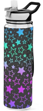 Mnsruu Transparente Sport-Wasserflasche mit Strohhalm, auslaufsichere Trinkflasche, leuchtende Neonsterne, Fahrradflaschen für Sport, Büro, Schule, BPA-freier Tritan-Kunststoff, 1 Liter