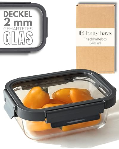 HATTY HAYS Vorratsbox Glas 640ml, mundgeblasen, hitzebeständig, aromadicht | Vorratsbox aus Glas & Kunststoffrahmen, Meal Prep Boxen ideal als Aufschnittboxen für Kühlschrank oder Auflaufform
