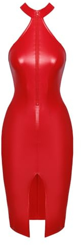 Noir Knallrotes, Schulterfreies Kleid im Powerwetlook mit Reißverschluss und Gehschlitz, Party Mididress 2XL