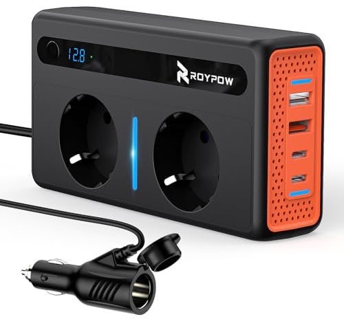 RoyPow Convertisseur 12V 220V Voiture – Transformateur 300 W, Onduleur, 2 Prises et 4 Ports USB, Convertisseur de Tension, Chargeur de Voiture à Charge Rapide avec Prise Allume-Cigare