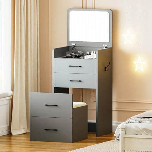Gurexl Kleiner Schminktisch mit Spiegel, 3 in 1 Dressing Table mit Hocker, 3 Schubladen gepolstertes Werkzeug, fürSchlafzimmer mit Stuhl Frisierkommode Grau