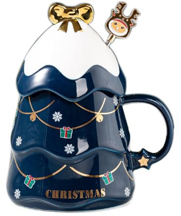Liemuao Tasse de Sapin de Noël, 550ml Mug Mignonne en Céramique avec Couvercle et Cuillère, Tasse à Café Tasse Kawaii Chocolat Chaud Noel, Christmas Mug Set pour Famille, Ami, Collègue (Bleu)