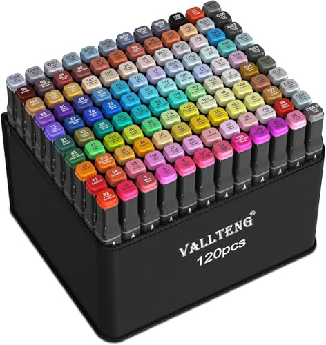 Vallteng 120 Couleurs feutres à alcool twinmarkers avec base – design d’intérieur, croquis, décoration, illustration créative, rendu couleur, feutre coloriage