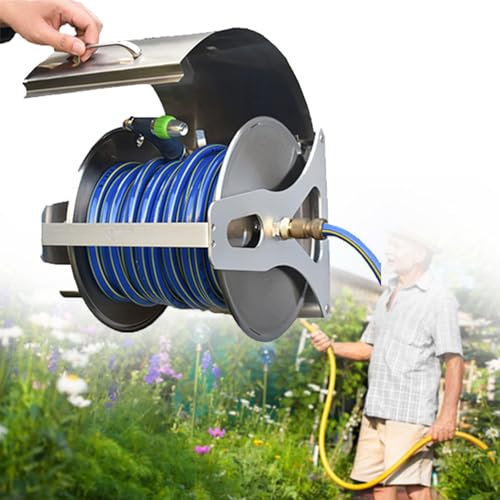 Robuster, an der Wand montierter Gartenschlauchaufroller mit Kurbel, inkl. Schlauchtülle und Wagen, ideal zum Bewässern, Waschen und Aufbewahren (Halterung + 2 m Wasserleitung im Lieferumfan