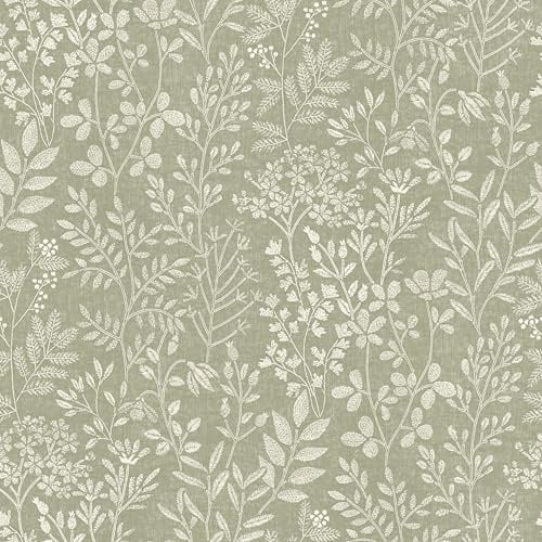 Grandeco Embroidery Stitched Organic Foliage Trail Wallpaper, Green