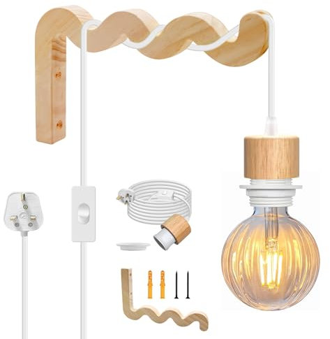 Rustic Plug in Wall Lamp, White Bedroom Wall Lights with 5M Plug in Cord, E27 Pendant Lighting Fixtures with 20x12CM Wooden Wall Brackets,Indoor Wall Lighting Fixtures for Living Room, Kitchen,No Bulb