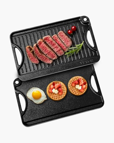 VEVOR Plaque de cuisson réversible en fonte, 185x342 mm, plaque-gril pré-assaisonnée portable avec poignée, poêle à griller pour brûleur de cuisinière intérieur/extérieur, gaz, barbecue camping, noir