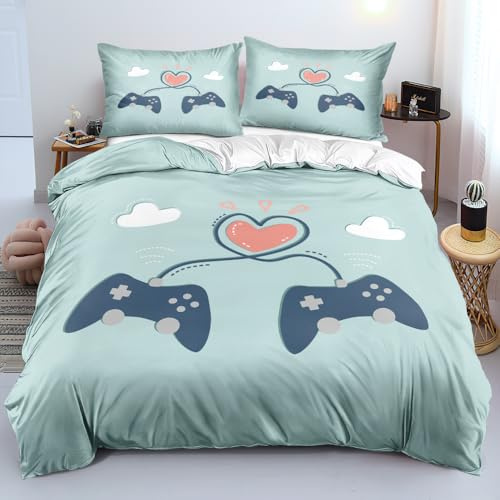 Holiyjog Full Size Comforter Cover Set with Pillowcases - Gamer Bedding & Duvet Cover Set, Cute Controller Duo Framing Pink Heart on Light Blue, Perfect for Gaming-Themed Kids Rooms