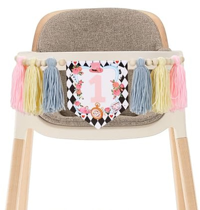 Wasise Alice In Wonderland Decorations - Highchair Banner 1st Birthday Girl, Fairy Themed First Birthday Decorations, Party Favors Backdrop, Dining Chair Pull Flag, Toddler Bathroom Tassel Accessories