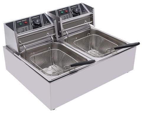 Freidora de acero inoxidable 12L, independiente, 3,2 kW, rango de temperatura de 140°F-392 F, 2 cestas para freír, apta para pollo, patatas fritas, ideal para restaurantes y comida rápida