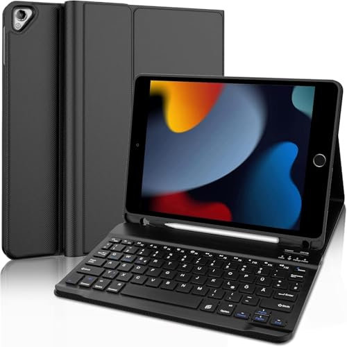 Tastatur Hülle für iPad 10.2 Zoll (9/8/ 7 Generation - 2021/2020/2019), Deutsches QWERTZ Tastatur Magnetische Wireless Abnehmbare Bluetooth für IPad Air 3, Pro 10.5, Schwarz