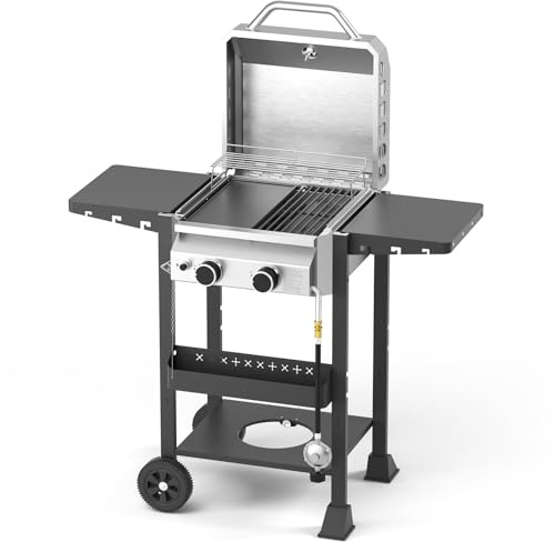 Electactic Barbecue a gas propano a 2 fuochi, con padella in ghisa e griglie, uscita 16000 BTU in acciaio inox, per cucinare all'aperto, patio, feste in giardino