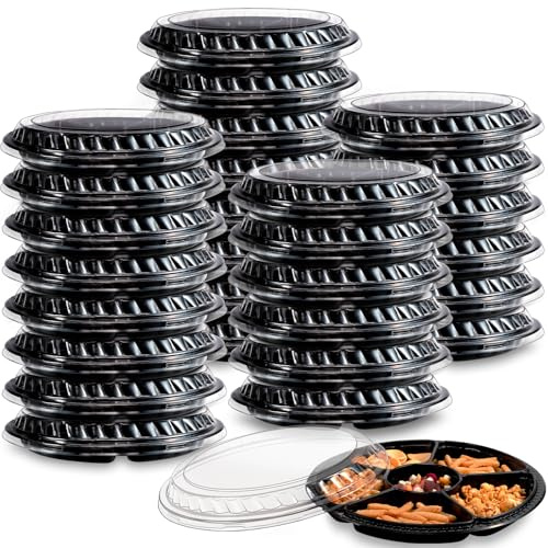 Tczecoo 30 bandejas para aperitivos con tapa, recipientes para alimentos con 6 compartimentos, bandejas resistentes para aperitivos de verduras, frutas, aperitivos, bandeja redonda para aperitivos