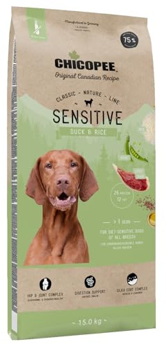 Chicopee Classic Nature Line | Sensitive | Hundefutter trocken | Mit Ente & Reis | Weizenfrei | Bedarfsgerechtes Life-Cycle-Konzept | Inspiriert von der Natur Kanadas | 15 kg