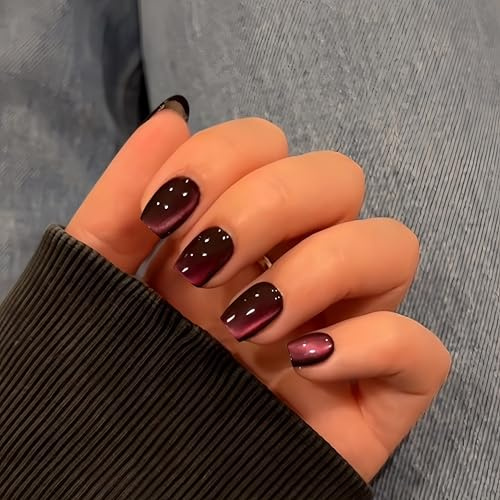 KQueenest Katzenauge Dunkel Baby Rosa Press on Nails Kurz, Gel Nägel zum Aufkleben Eckig, Sparkle Glitzer Schwarz fake Nails Kurz Sarg, Glasiert Chrome Kunstnägel Frauen Nagelkunst, 30 Stück