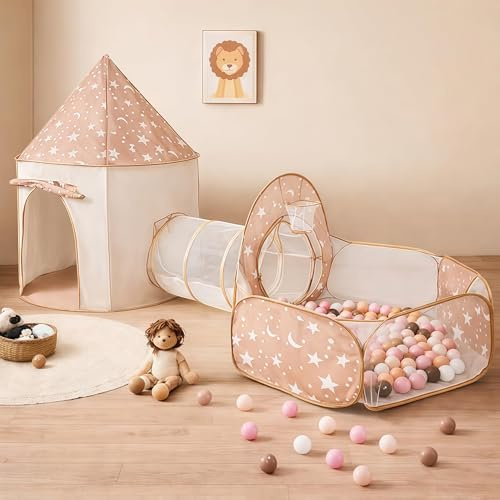 3 in 1 Kids Play Tent with Tunnel, Pop Up Tent & Ball Pits for Girls & Boys | Carrying Bag, Breathable Mesh Design, Tunnel toys for 1 2 3 year birthday gifts, Indoor/Outdoor Playhouse