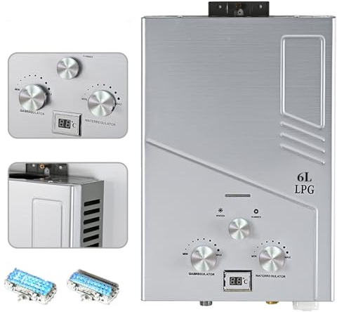 Chauffe-Eau à Gaz Instantané 6L, Chauffe-eau Instantané 12KW GPL avec Pommeau de Douche,Chauffe-eau à Gaz pour Maison Camping Caravane (6L)