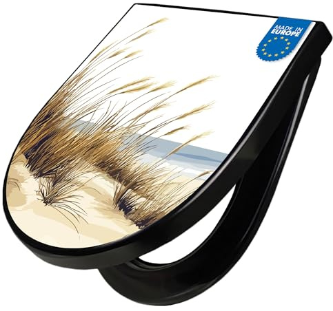 banjado WC Sitz mit Absenkautomatik D Form - Toilettendeckel mit Absenkautomatik D Form - Klodeckel Softclose - stabile Klobrille - Toilettensitz Schwarz - Motiv Dünenlandschaft am Meer