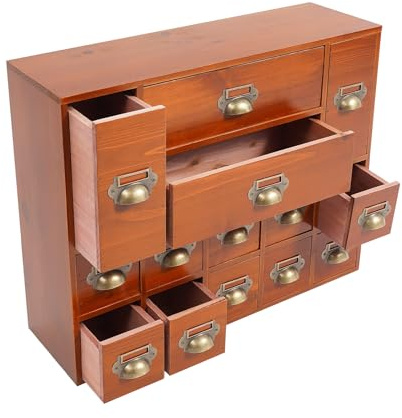PBTERDTF Schubladenbox Holz 14-Schubladen-Schrank Holz-Medizinschrank Klein Retro Schubladen-Organisator Apothekerschrank Organizer für Bürobedarf, Schmuck, Medikamente (Altbraune Farbe)