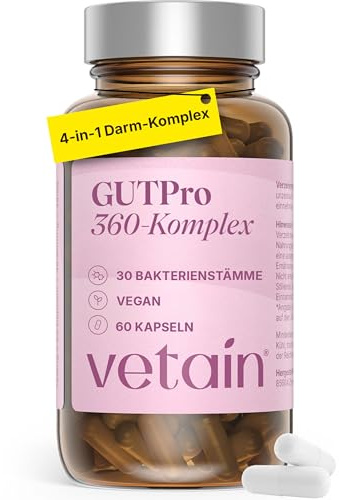 VETAIN GutPro 360° Darmbakterien Komplex – 30 Bakterienstämme + 30 Mrd. KBE | Mit DigeZyme® Enzymkomplex – magensaftresistent, ohne Inulin – FODMAP-freundlich für den sensiblen Darm – 60 Kapseln