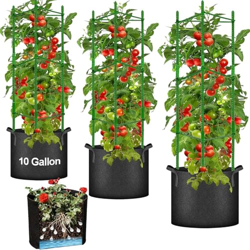 3 Stück Tomatentopf mit Rankhilfe mit 10 Gallonen Pflanztaschen - 120cm Verstellbarer Tomaten Rankhilfe - Stabil Tomatenpflanztopf - Rankgitter Tomaten für Tomate Gurken Rosen Garten Kletterpflanzen