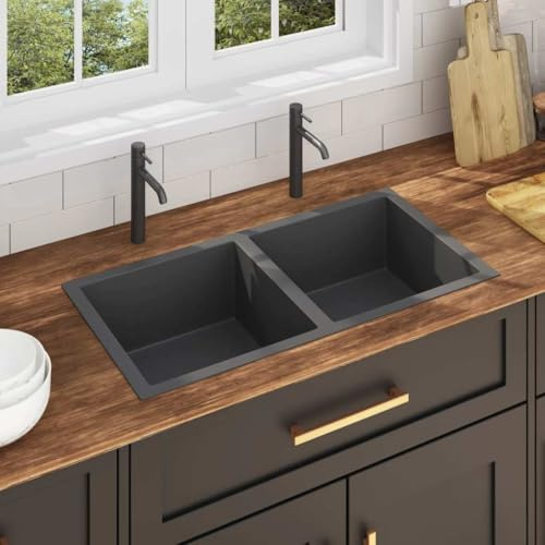 Handgemachte Einbauspüle Schwarz Edelstahl mit Doppelbecken 86,5 x 44 cm, schalldämmend, korrosionsbeständig, schneller X-Form Wasserabfluss, Unterbau, Einbau, Küchen- und Outdoor-Einsatz