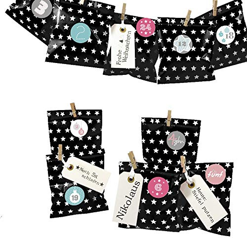 Frau WUNDERVoll® DIY Adventskalender zum Befüllen Bescherung, Papiertueten flach 13x16,5cm, schwarz Stern, Ziffern Pastell/Weihnachten, Papiertüten, Kinder, Aufkleber