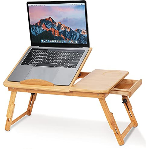 Tavolino da Letto per PC, Tavolino Porta Laptop in Bambù con Cassettino, Regolabile in Altezza, Pieghevole, Tavolino Vassoio Letto per Letto e Divano, 50×30×20 cm