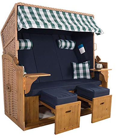 XXL 2,5-Sitzer Natur Strandkorb Hörnum (als Bausatz, Blau-Grün Kariert 3T)