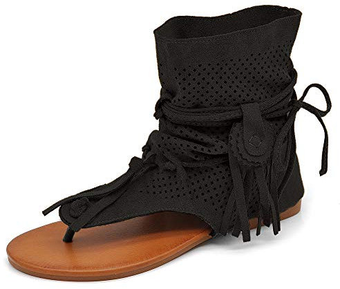 IF Fashion Scarpe da Donna Sandali Indianini Infradito Etnico Frange Pelle Sintetica GLY-103 Nero N.37