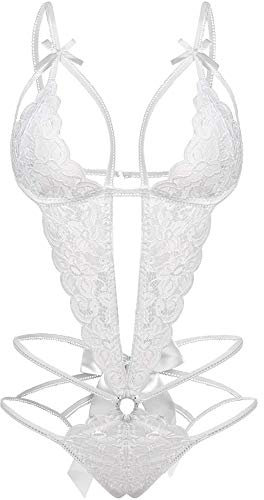 EVELIFE Damen Rückenfrei Body Sexy Tiefer V-Ausschnitt Dessous Spitze Einteiliger Unterwäsche Strappy Lingerie Nachtwäsche (Weiß, XL)