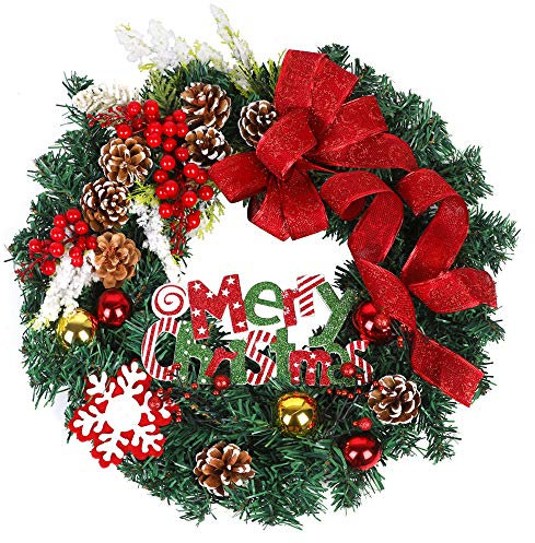 Künstlicher Weihnachtstürkranz, LASPERAL 43,2 cm Winterkranz für Haustür, künstlicher roter Urlaubskranz, Weihnachten, Outdoor-Kranz mit roter Schleife