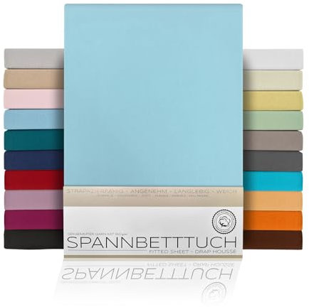 BEAUTEX Spannbetttuch Bettlaken aus Baumwolle, Premium Jersey Stoff 160g/m², Größe und Farbe wählbar (Topper - 140x200x15 cm, Hellblau)