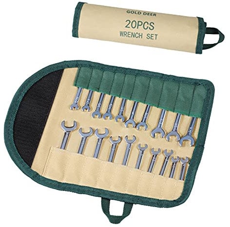GOLD DEER Mini Wrench Set - Standard Metric & SAE 5/32-7/16, 4-11mm, Extra Slim Spanner, Open End & Box End Ignition Wrenches, Combination Wrench Set, Storage Roll Pouch
