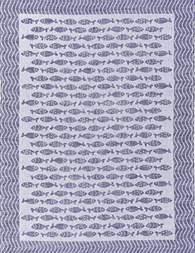 KRACHT Geschirrtuch Jacquard Halbleinen Little Fish Fische blau 50x70 cm