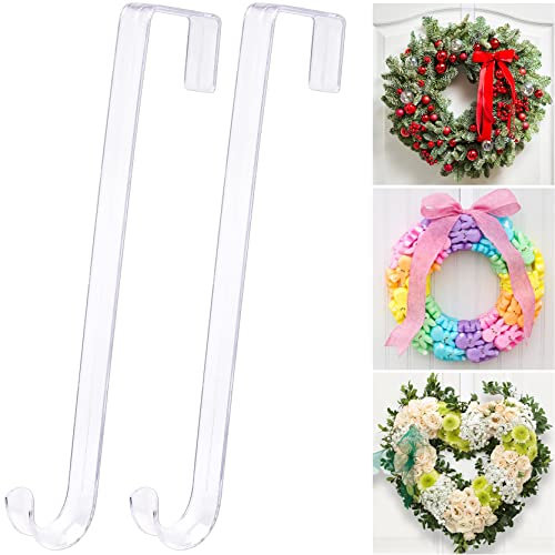 ZYSUN 12 Clear Wreath Hangers, Non Scratch Over The Door Hooks, 2 Pack Wreath Hanger Organizer for Home, Slim Hangers for Decor