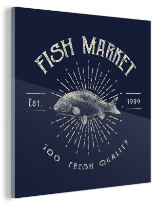 MuchoWow Glasbild Glasfoto Wandbild Bilder Deko 20x20 cm Jahrgang - Fisch - Text