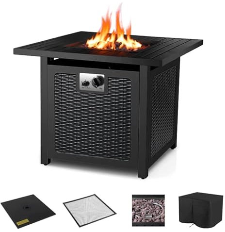 Gas Feuerstelle, 28 Feuertisch mit wasserfester Schutzhülle &Lavasteinen, 72.5 * 72.5 * 67.5 cm, 14.5 kW, Gaskamin Garten, inkl. Tischplatte & Schutzgitter, Gasfeuerstelle Outdoor