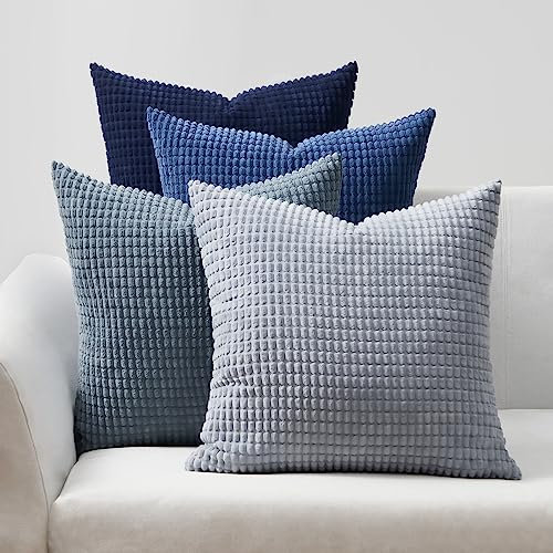 Topfinel Kissenbezug 50x50 Blau 4er Set Cord körnig Farbverlauf Kissenbezüge Kissenhülle Dekokissenbezug Sofakissen Couchkissen für Sofa Schlafzimmer Wohnzimmer Balkon Kinder flauschig