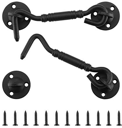 HOME MASTER HARDWARE Barn Door Hook and Eye Latch 4 Privacy Hook Lock Hardware Rust-Proof Gate Latch Cabin Hooks for Sliding Doors,Bathrooms,Outdoor,Windows,Bedrooms,Cabinet,2 Pack Black with Screws