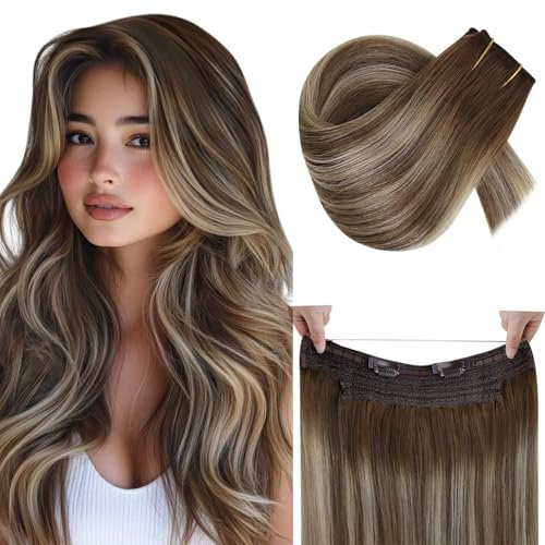 RUNATURE Wire Hair Extensions Echthaar 30cm Adjustable Fish Line Draht on Haare Balayage Blond Ombre 70g/Paket Echthaar Extensions mit Draht Gerades Haar #3/8/22