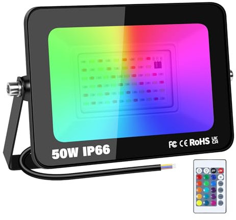 RIGIDON 1x 50W RGB LED Strahler Mit Fernbedienung, 5000LM RGBW Farbwechsel Flutlicht, 16 Farben 4 Modi Dimmbar Fluter Lampe Für Party Garten Baum Landschaft, Disco Feiern, Außen Wasserdicht IP66